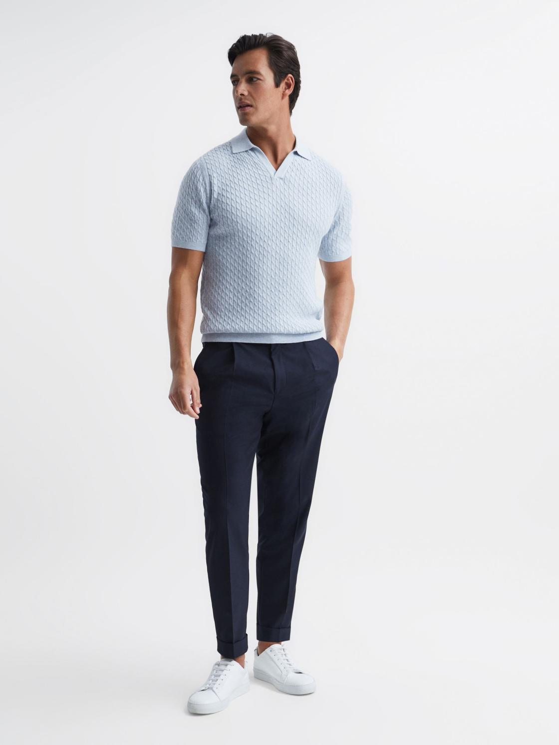 Reiss Knitwear | Federico Slim Fit Cable Knit Open Collar Polo Shirt Ecru - Men