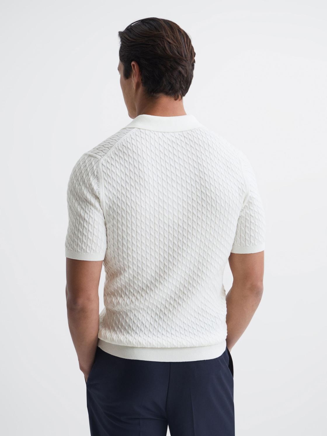 Reiss Knitwear | Federico Slim Fit Cable Knit Open Collar Polo Shirt Ecru - Men