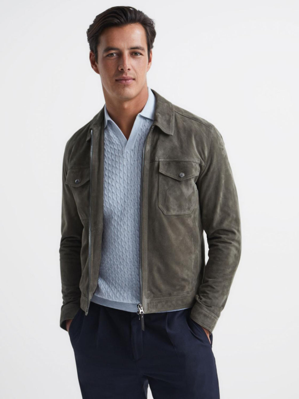 Reiss Knitwear | Federico Slim Fit Cable Knit Open Collar Polo Shirt Ecru - Men