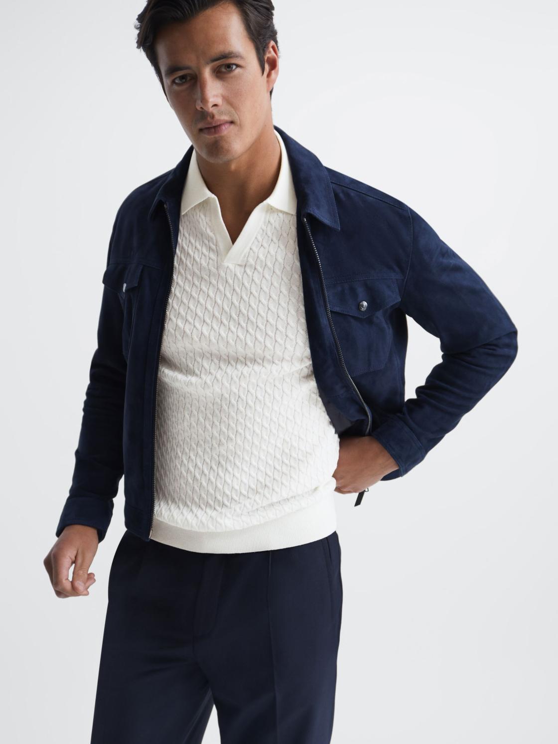 Reiss Knitwear | Federico Slim Fit Cable Knit Open Collar Polo Shirt Ecru - Men
