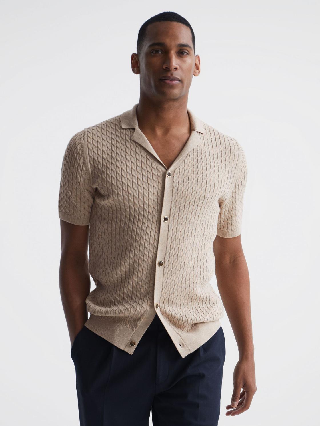 Reiss Knitwear | Grande Cable Knit Cuban Collar Button Through Shirt Emerald - Men