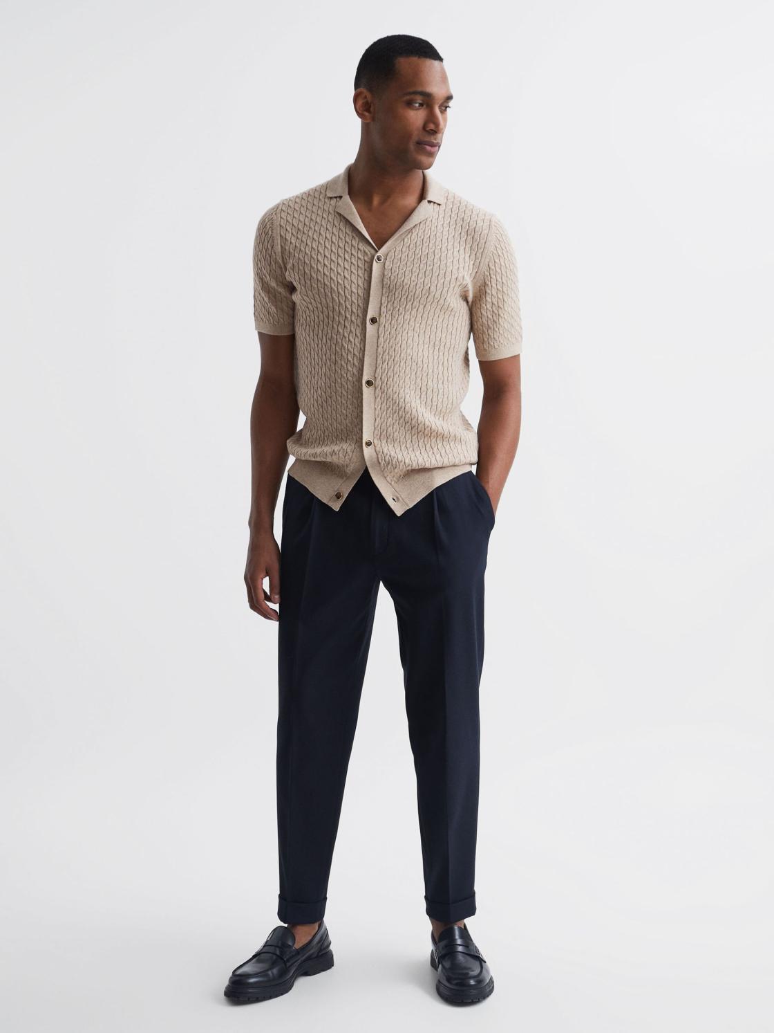 Reiss Knitwear | Grande Cable Knit Cuban Collar Button Through Shirt Emerald - Men