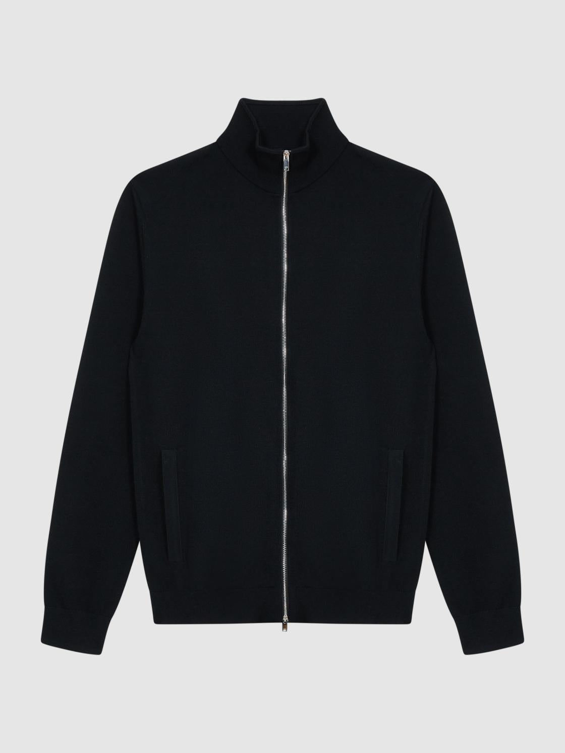 Reiss Knitwear | Hampshire Merino Wool Zip Through Jumper Black - Men