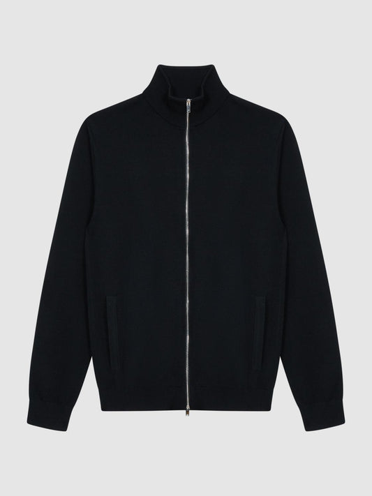 Reiss Knitwear | Hampshire Merino Wool Zip Through Jumper Black - Men
