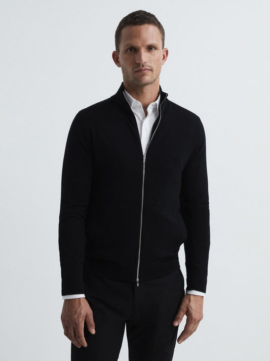 Reiss Knitwear | Hampshire Merino Wool Zip Through Jumper Black - Men