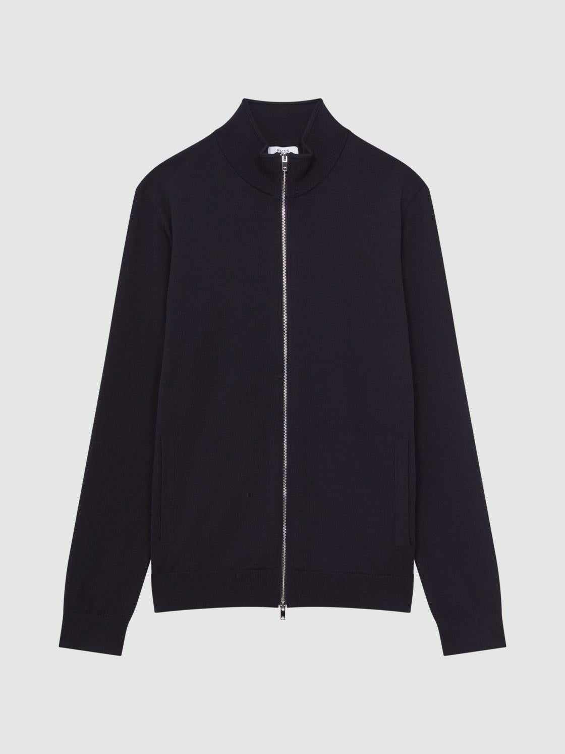 Reiss Knitwear | Hampshire Merino Wool Zip Through Jumper Navy - Men
