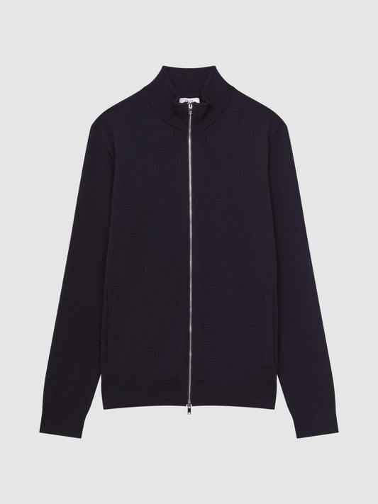 Reiss Knitwear | Hampshire Merino Wool Zip Through Jumper Navy - Men