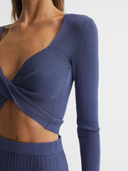 Reiss Knitwear | Iona Knitted Twist Cropped Top Blue - Women