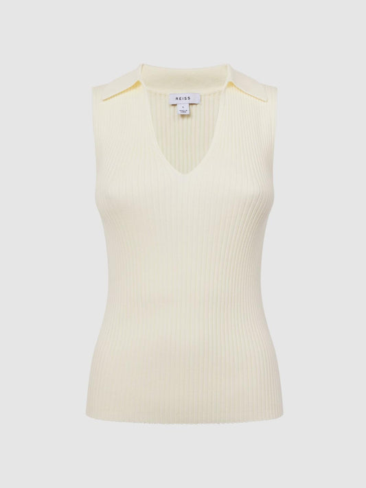 Reiss Knitwear | Izzie V-Neck Collared Sleeveless Top Cream - Women