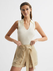 Reiss Knitwear | Izzie V-Neck Collared Sleeveless Top Cream - Women
