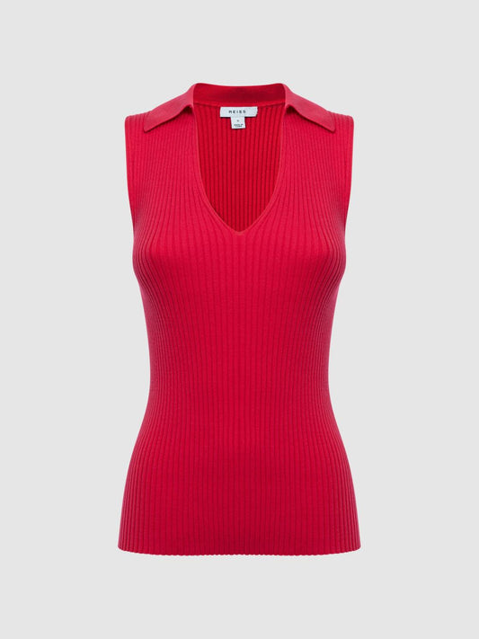 Reiss Knitwear | Izzie V-Neck Collared Sleeveless Top Pink - Women