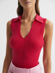 Reiss Knitwear | Izzie V-Neck Collared Sleeveless Top Pink - Women