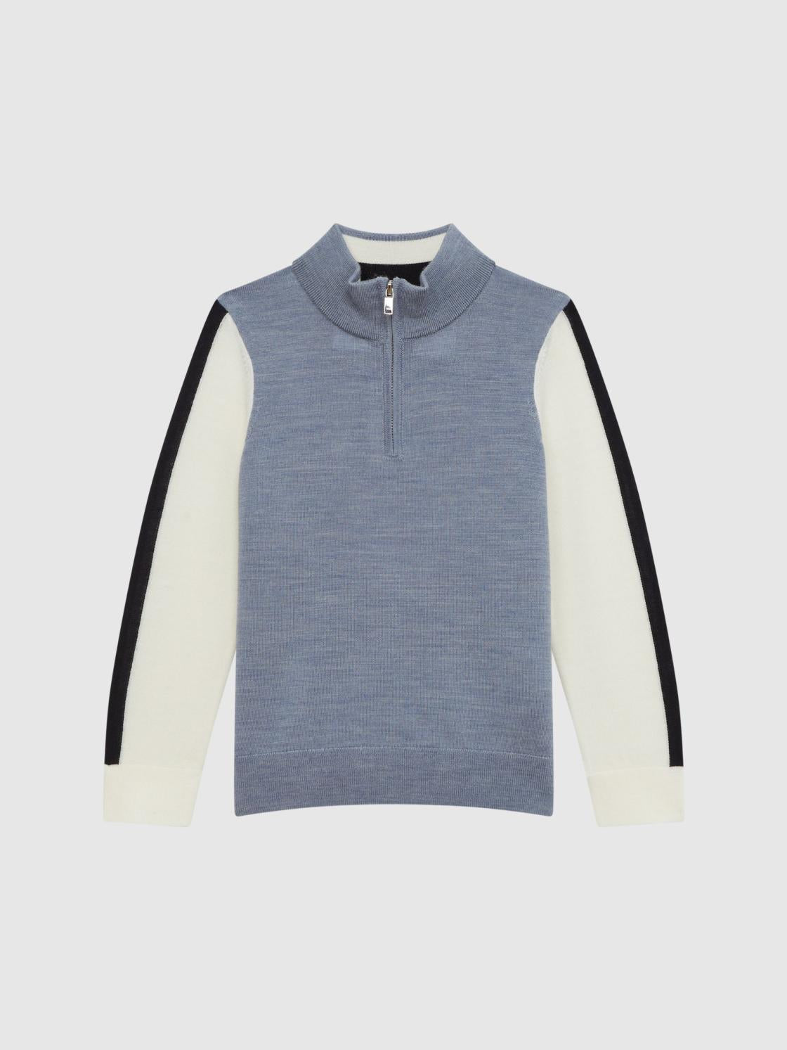 Reiss Knitwear | Leo Wool Colourblock Zip Neck Polo Airforce Blue Melange - Children