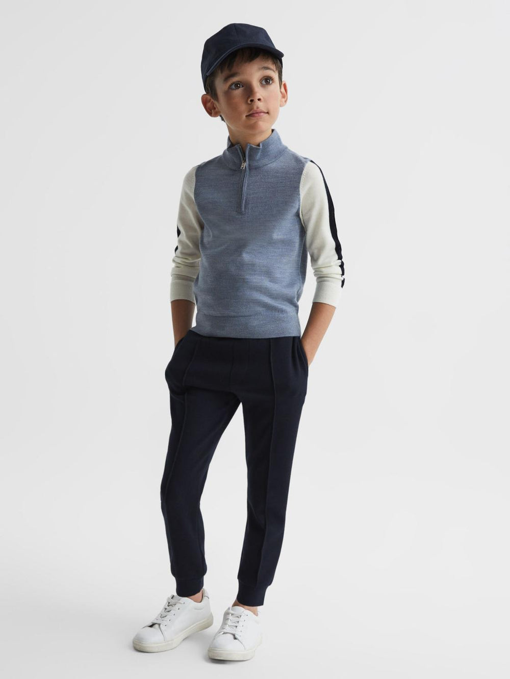 Reiss Knitwear | Leo Wool Colourblock Zip Neck Polo Airforce Blue Melange - Children