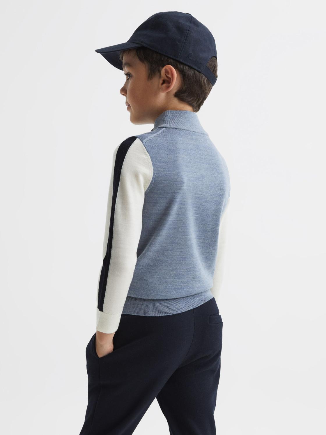 Reiss Knitwear | Leo Wool Colourblock Zip Neck Polo Airforce Blue Melange - Children
