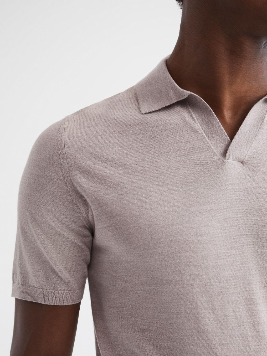 Reiss Knitwear | Malbec Open Collar Silk Merino Polo Shirt Oatmeal - Men