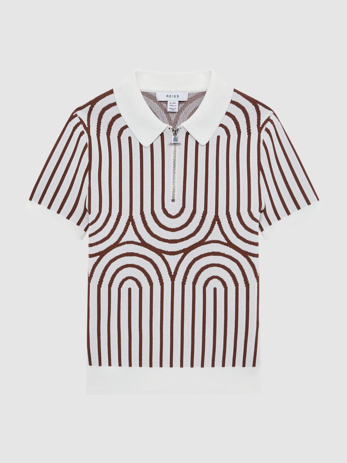Reiss Knitwear | Maycross Half-Zip Striped Polo T-Shirt White/brown - Children