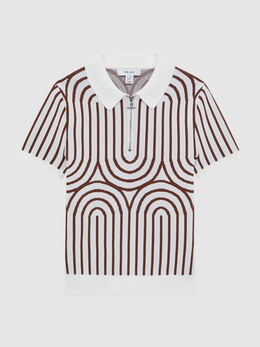 Reiss Knitwear | Maycross Half-Zip Striped Polo T-Shirt White/brown - Children