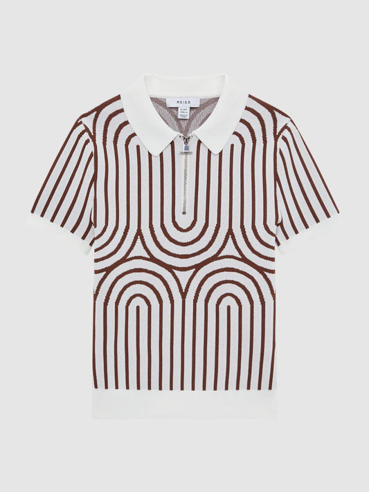 Reiss Knitwear | Maycross Half-Zip Striped Polo T-Shirt White/brown - Children