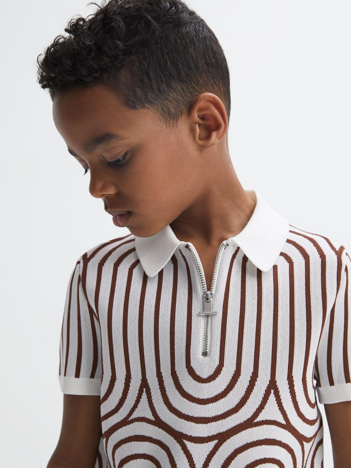 Reiss Knitwear | Maycross Half-Zip Striped Polo T-Shirt White/brown - Children