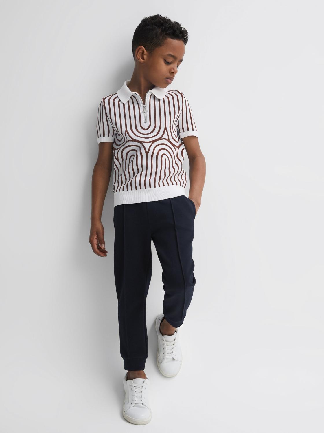 Reiss Knitwear | Maycross Half-Zip Striped Polo T-Shirt White/brown - Children