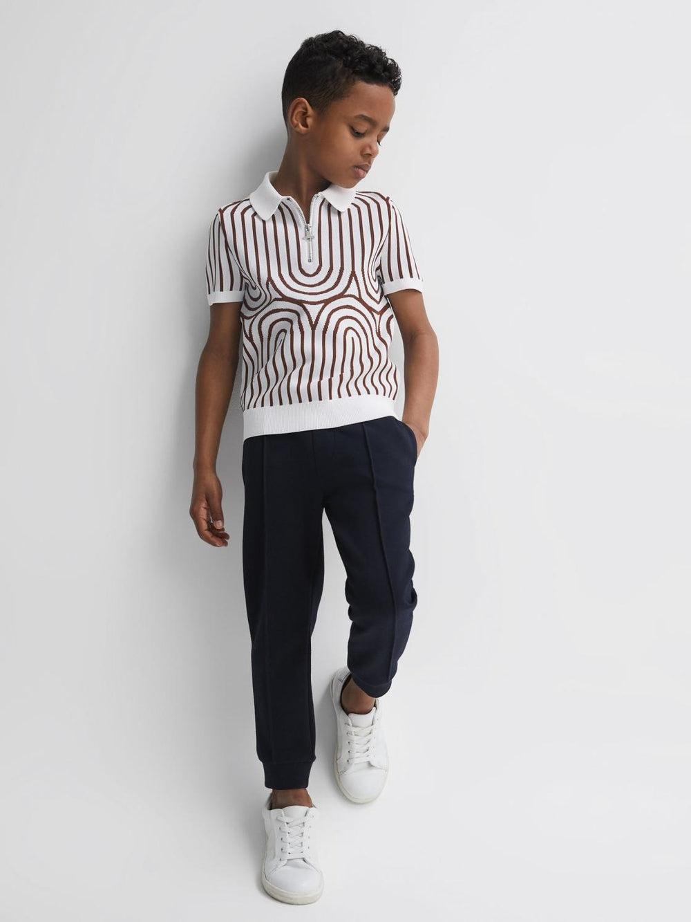 Reiss Knitwear | Maycross Half-Zip Striped Polo T-Shirt White/brown - Children