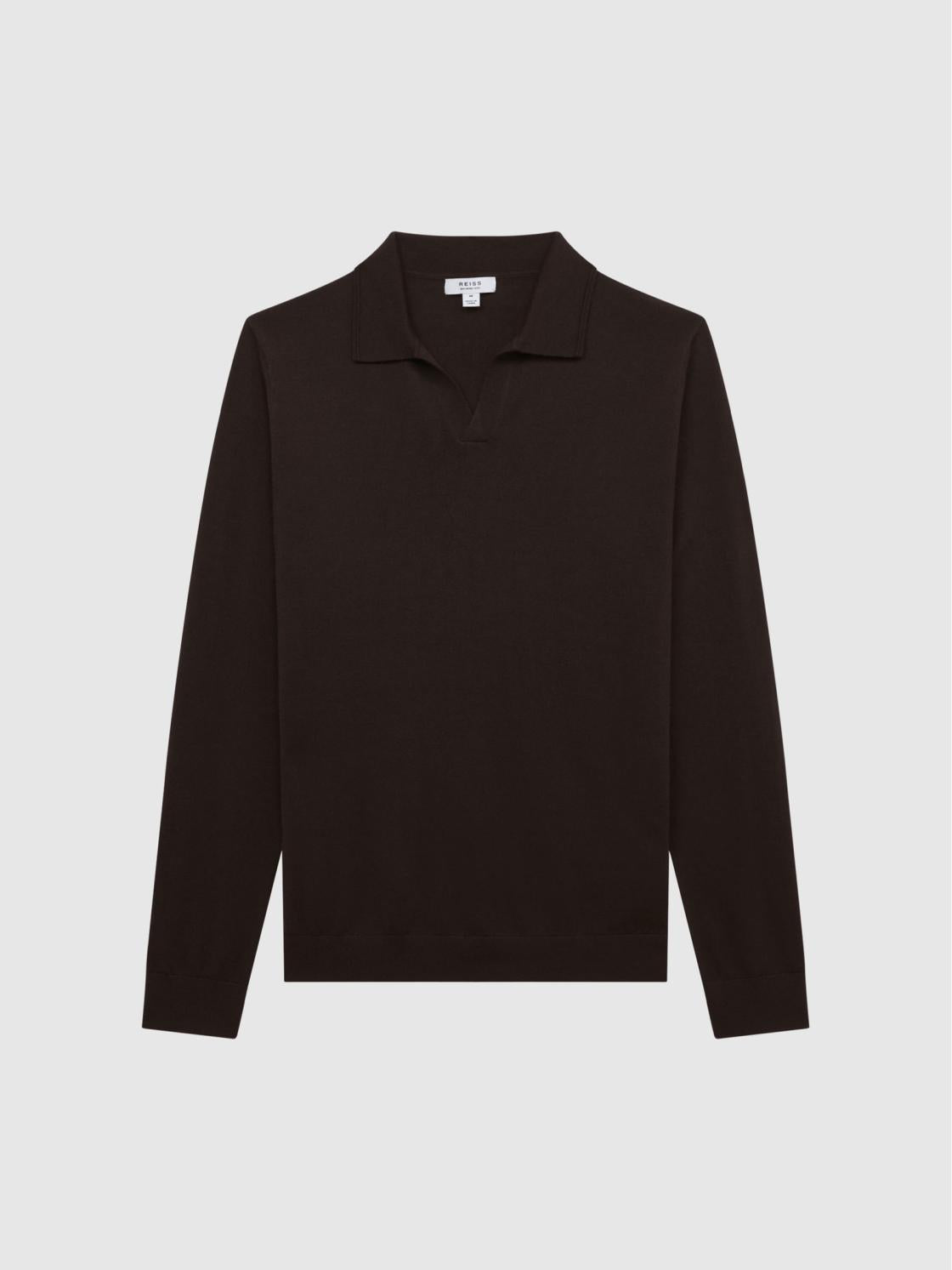 Reiss Knitwear | Milburn Merino Wool Open Collar Polo Shirt Bitter Chocolate - Men