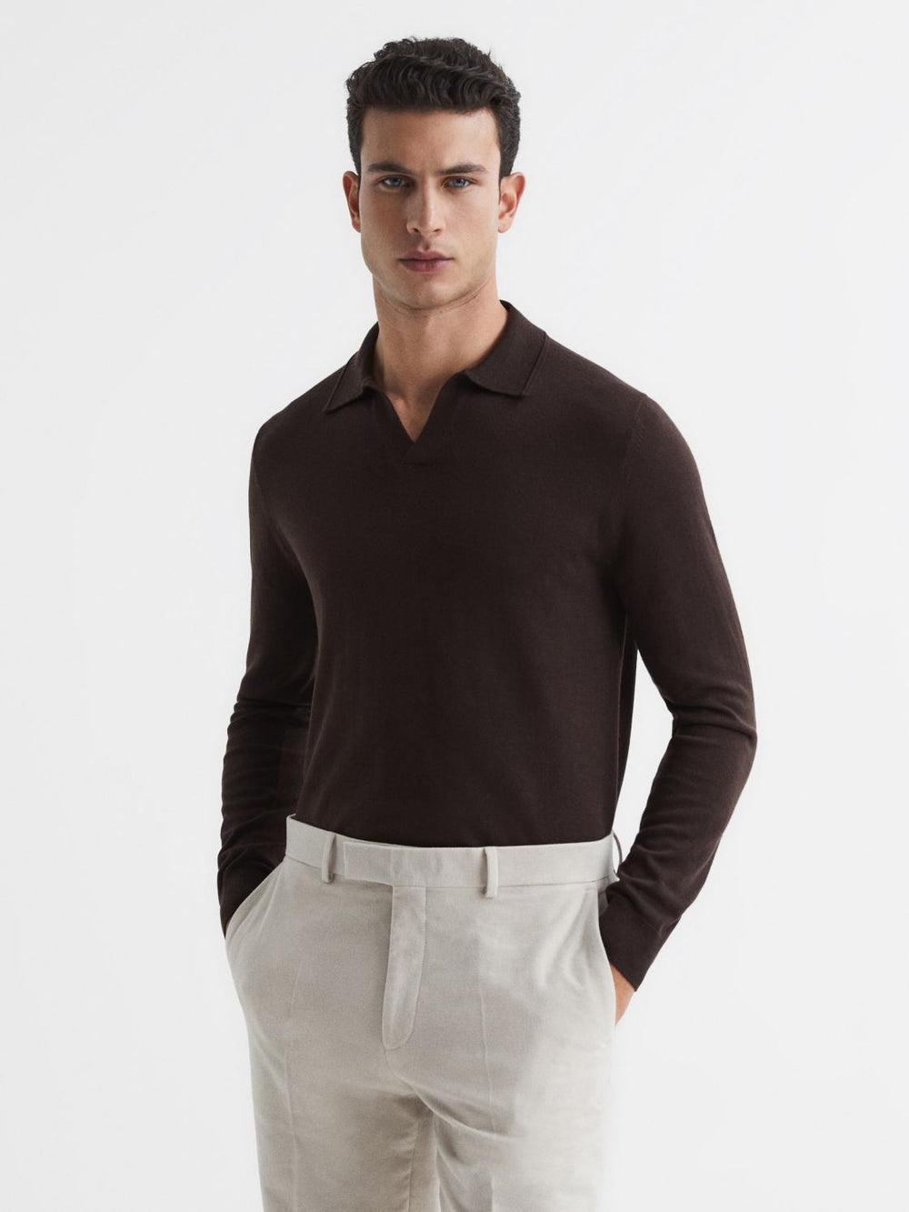 Reiss Knitwear | Milburn Merino Wool Open Collar Polo Shirt Bitter Chocolate - Men
