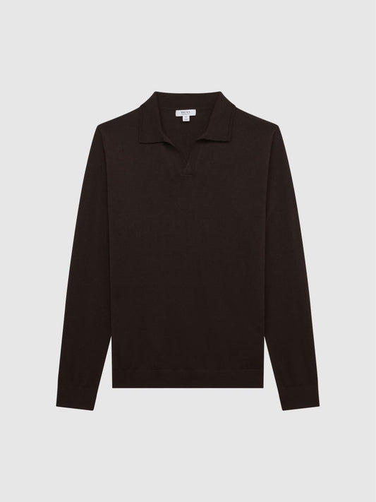 Reiss Knitwear | Milburn Merino Wool Open Collar Polo Shirt Bitter Chocolate - Men