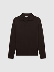 Reiss Knitwear | Milburn Merino Wool Open Collar Polo Shirt Bitter Chocolate - Men
