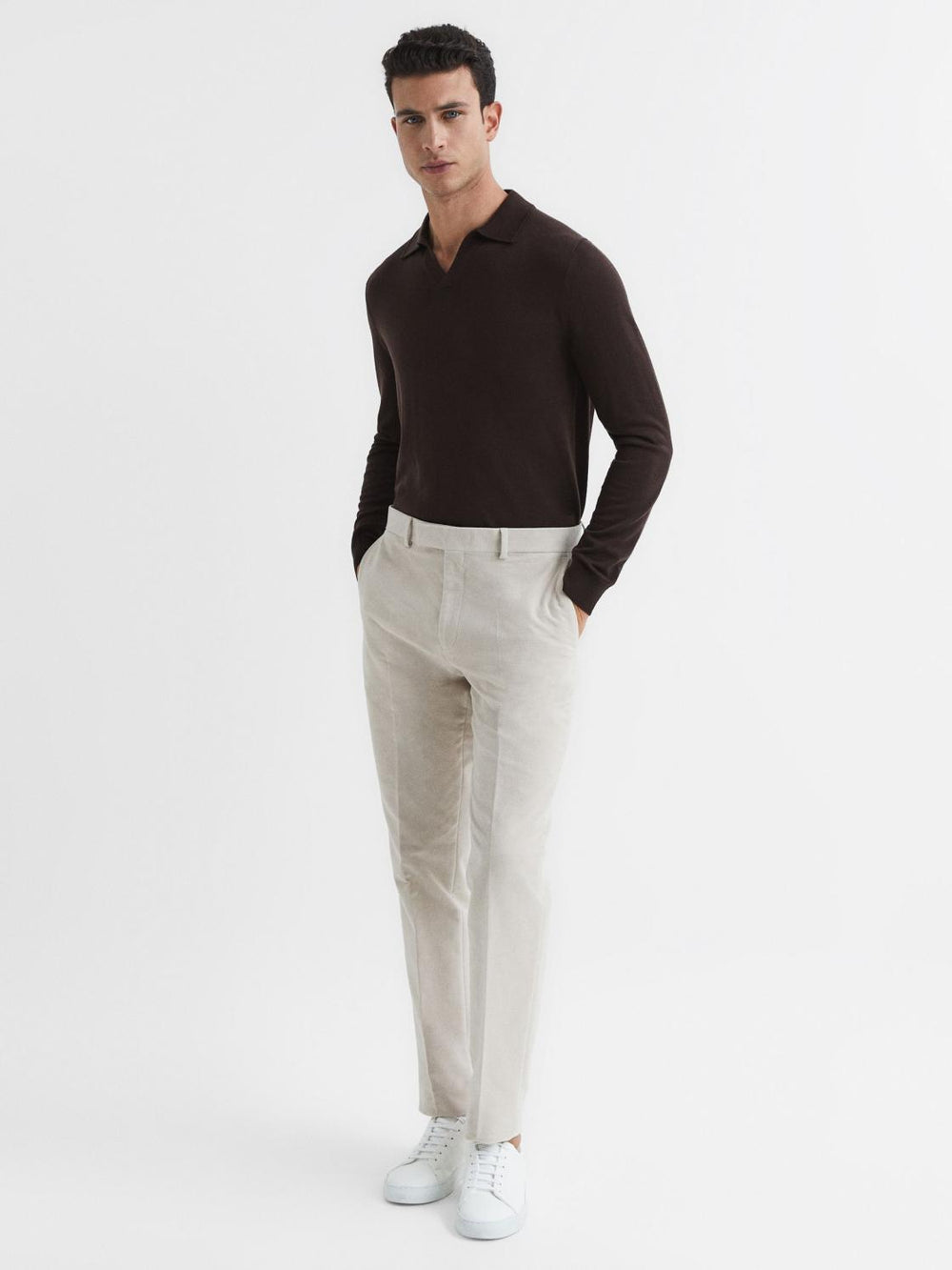 Reiss Knitwear | Milburn Merino Wool Open Collar Polo Shirt Bitter Chocolate - Men