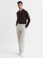 Reiss Knitwear | Milburn Merino Wool Open Collar Polo Shirt Bitter Chocolate - Men