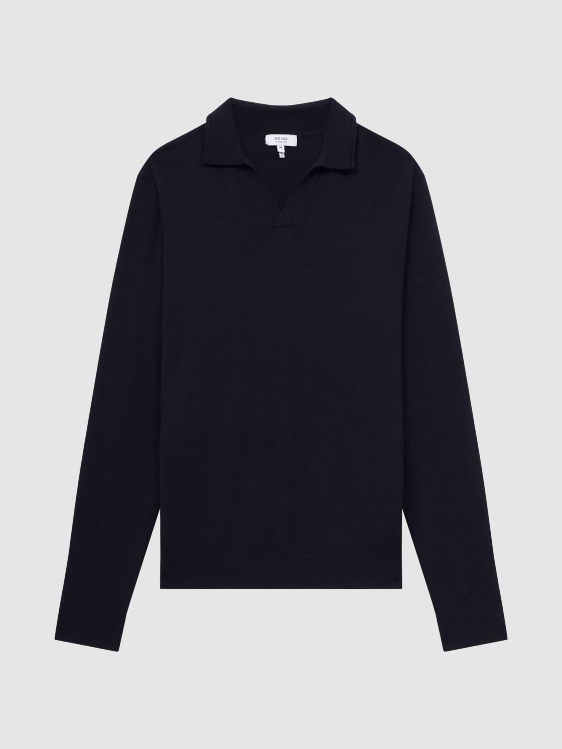 Reiss Knitwear | Milburn Merino Wool Open Collar Polo Shirt Navy - Men