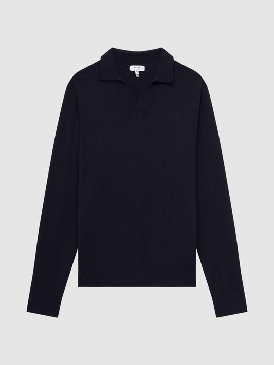 Reiss Knitwear | Milburn Merino Wool Open Collar Polo Shirt Navy - Men