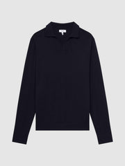 Reiss Knitwear | Milburn Merino Wool Open Collar Polo Shirt Navy - Men