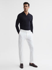 Reiss Knitwear | Milburn Merino Wool Open Collar Polo Shirt Navy - Men