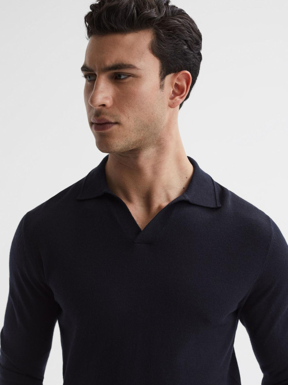 Reiss Knitwear | Milburn Merino Wool Open Collar Polo Shirt Navy - Men