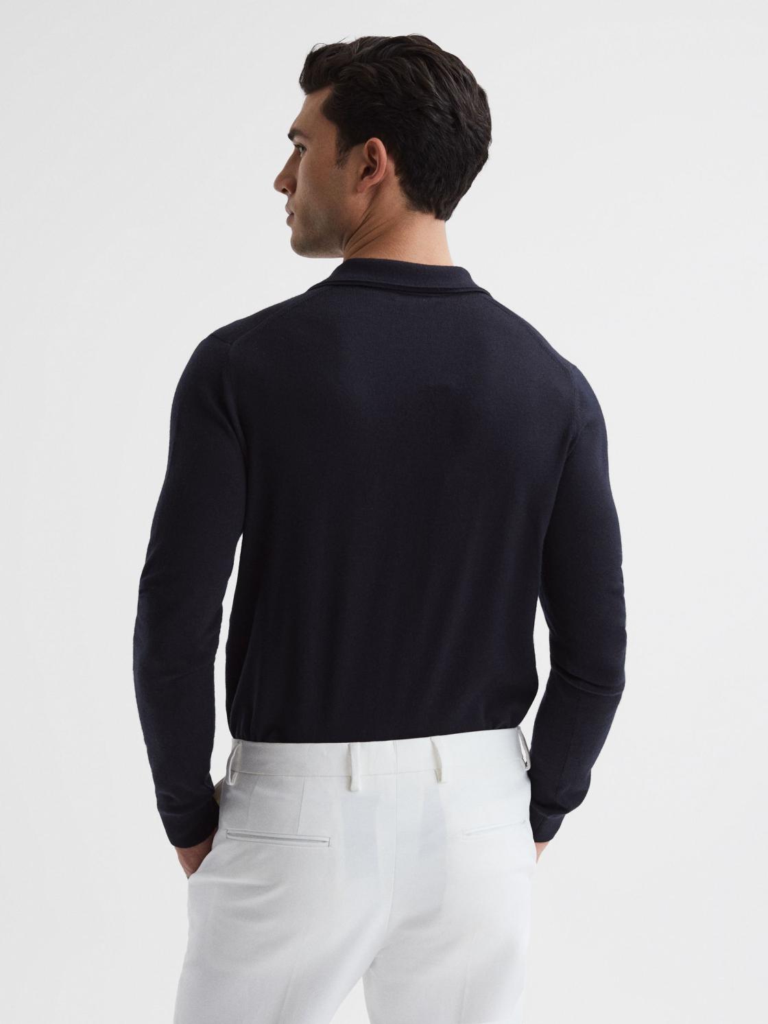 Reiss Knitwear | Milburn Merino Wool Open Collar Polo Shirt Navy - Men