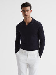 Reiss Knitwear | Milburn Merino Wool Open Collar Polo Shirt Navy - Men