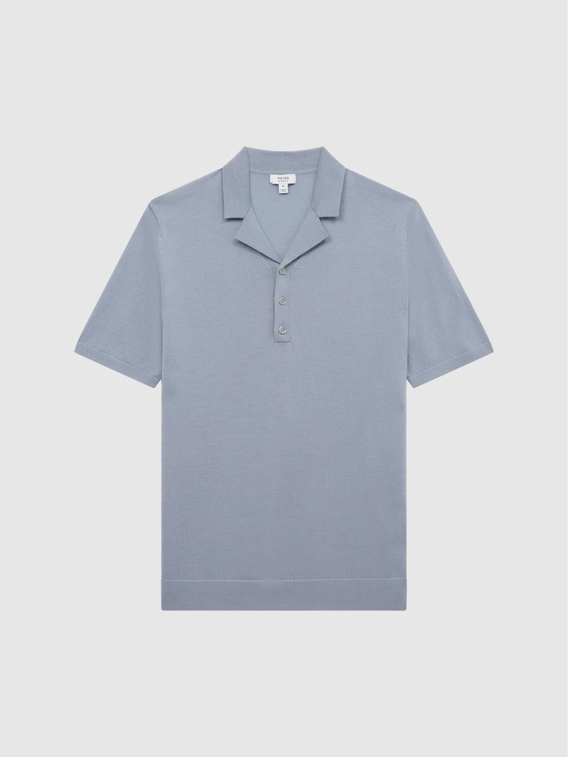 Reiss Knitwear | Moore Merino Wool Cuban Collar Polo T-Shirt Dove Blue - Men