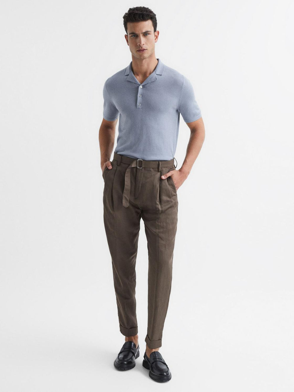 Reiss Knitwear | Moore Merino Wool Cuban Collar Polo T-Shirt Dove Blue - Men