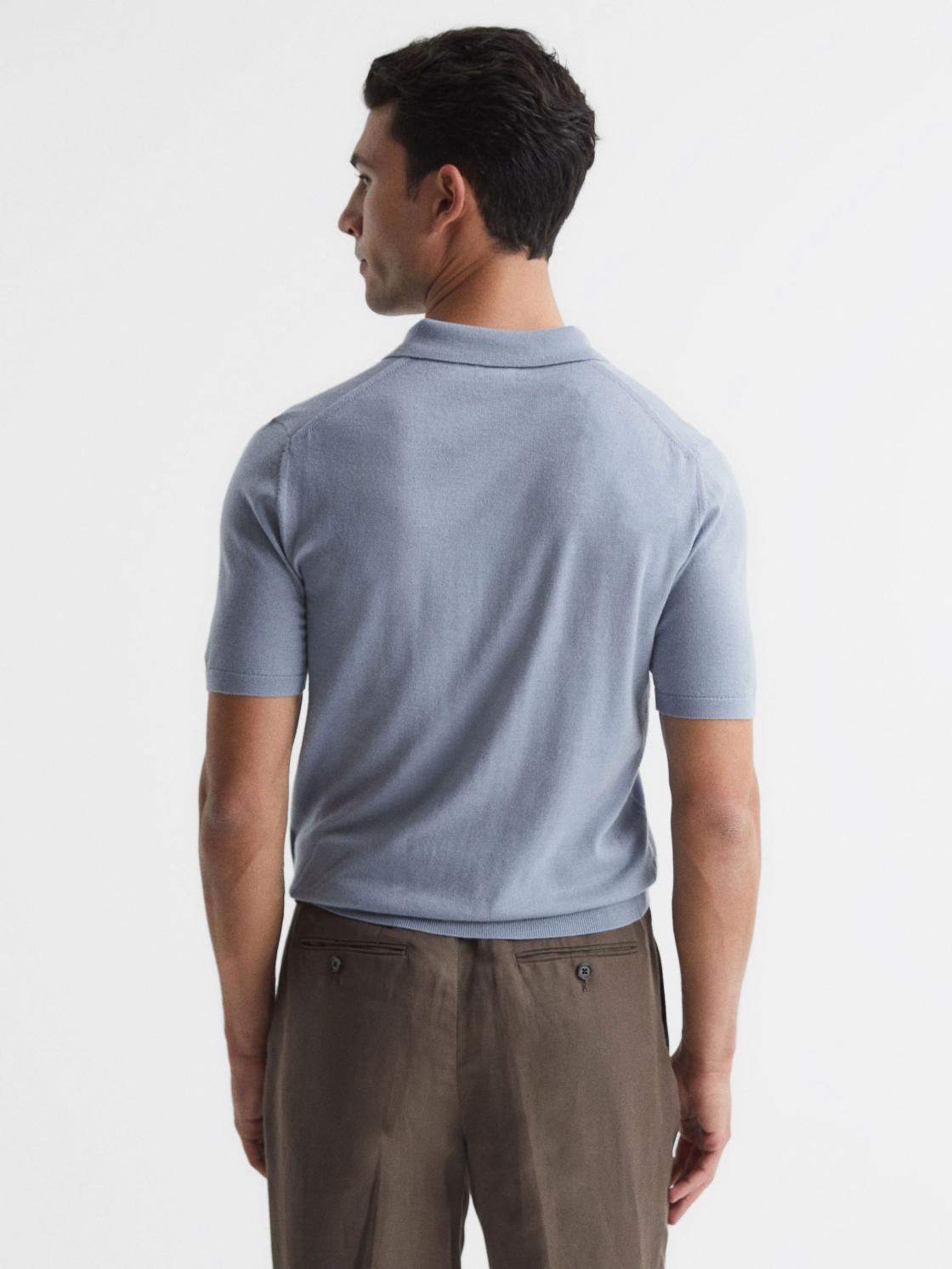 Reiss Knitwear | Moore Merino Wool Cuban Collar Polo T-Shirt Dove Blue - Men