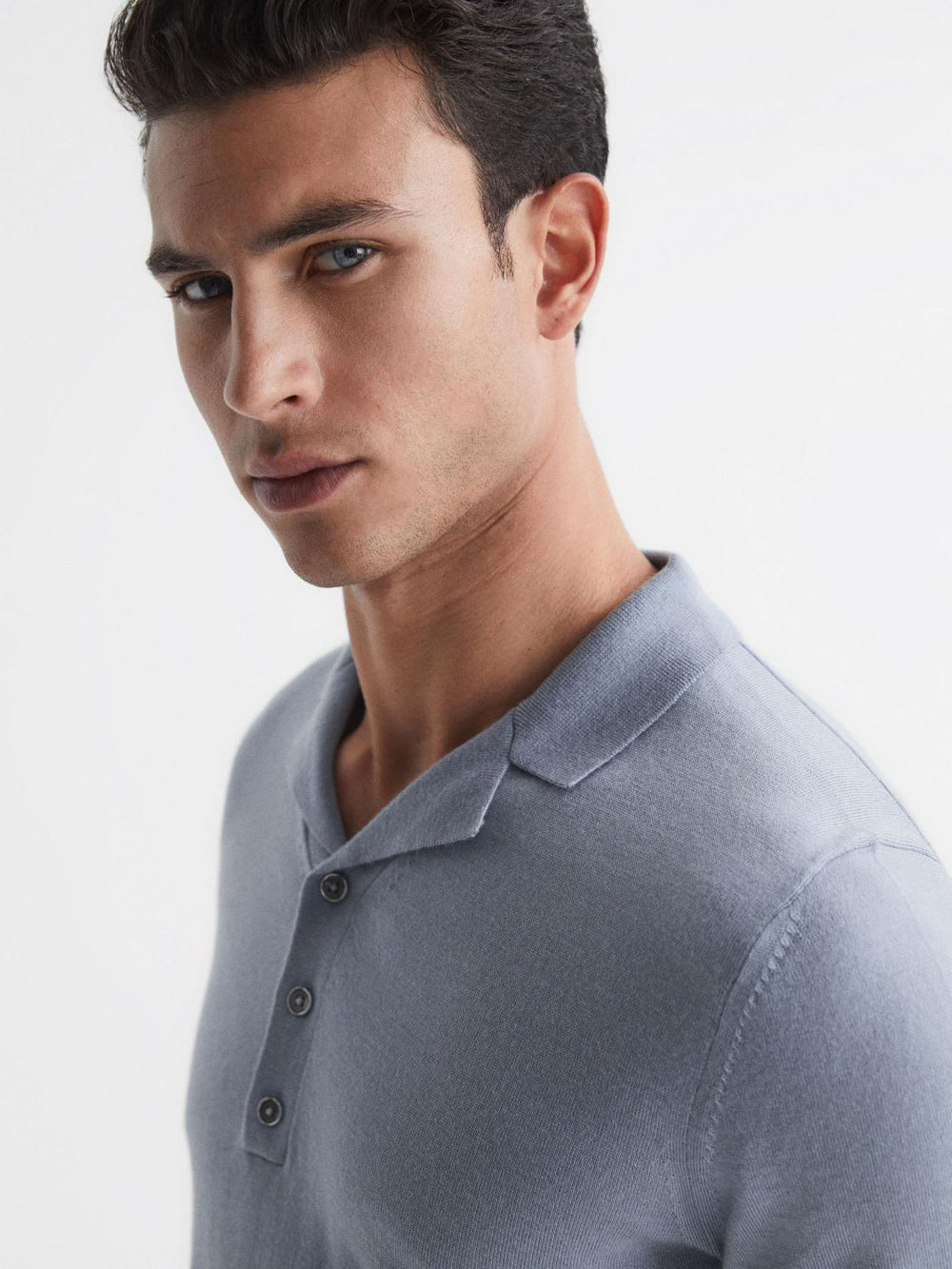 Reiss Knitwear | Moore Merino Wool Cuban Collar Polo T-Shirt Dove Blue - Men
