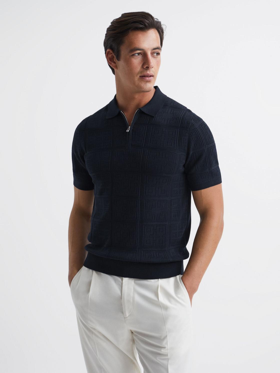 Reiss Knitwear | Mosaic Half Zip Textured Polo Shirt Airforce Blue - Men