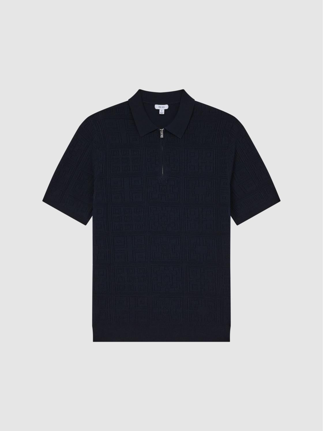 Reiss Knitwear | Mosaic Half Zip Textured Polo Shirt Airforce Blue - Men