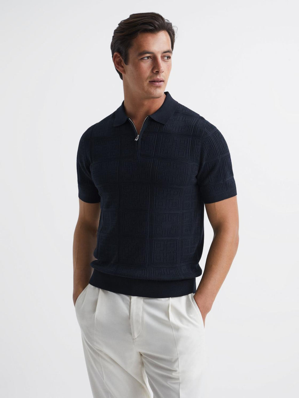 Reiss Knitwear | Mosaic Half Zip Textured Polo Shirt Airforce Blue - Men