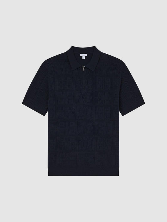Reiss Knitwear | Mosaic Half Zip Textured Polo Shirt Airforce Blue - Men