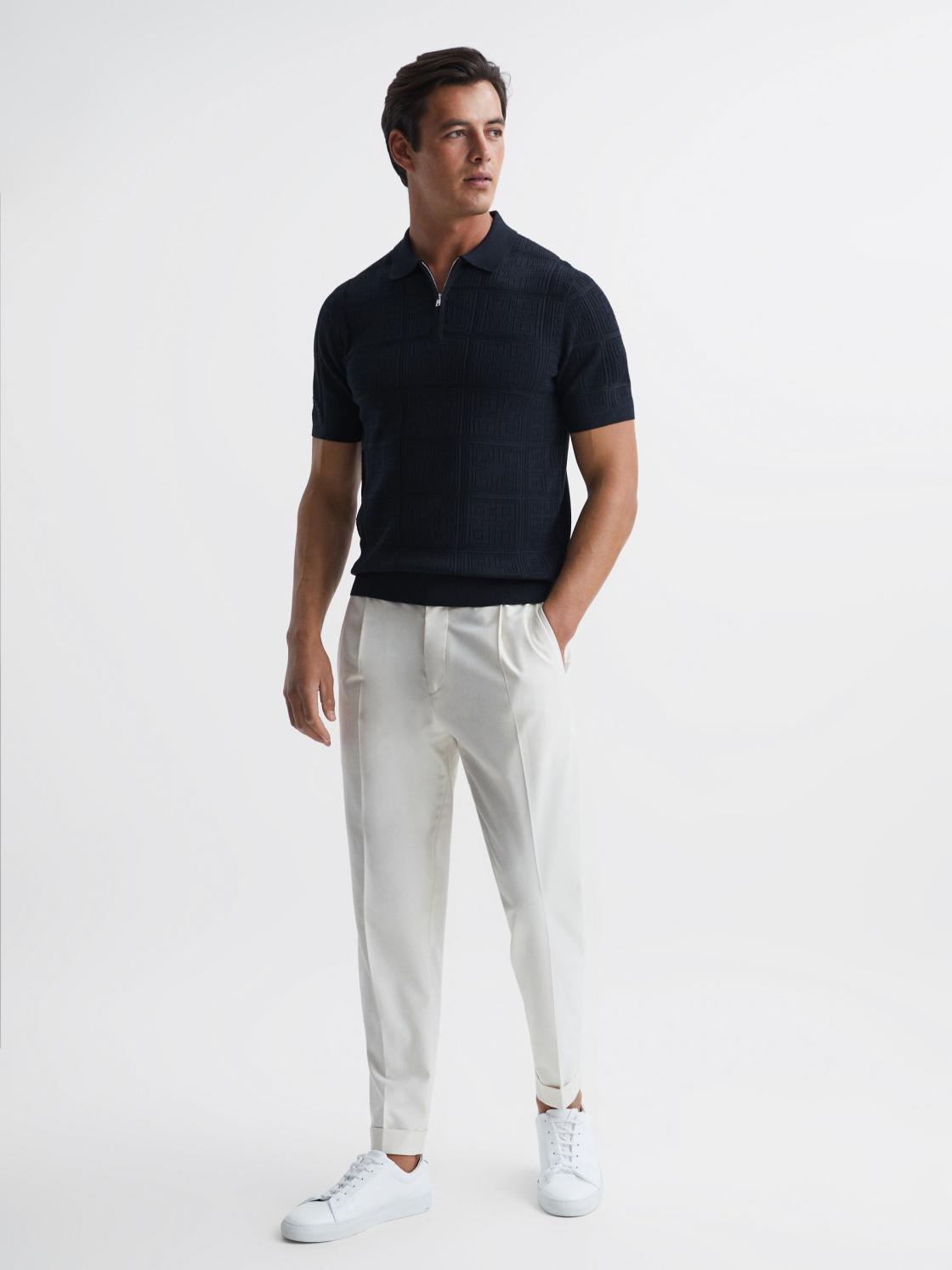 Reiss Knitwear | Mosaic Half Zip Textured Polo Shirt Airforce Blue - Men