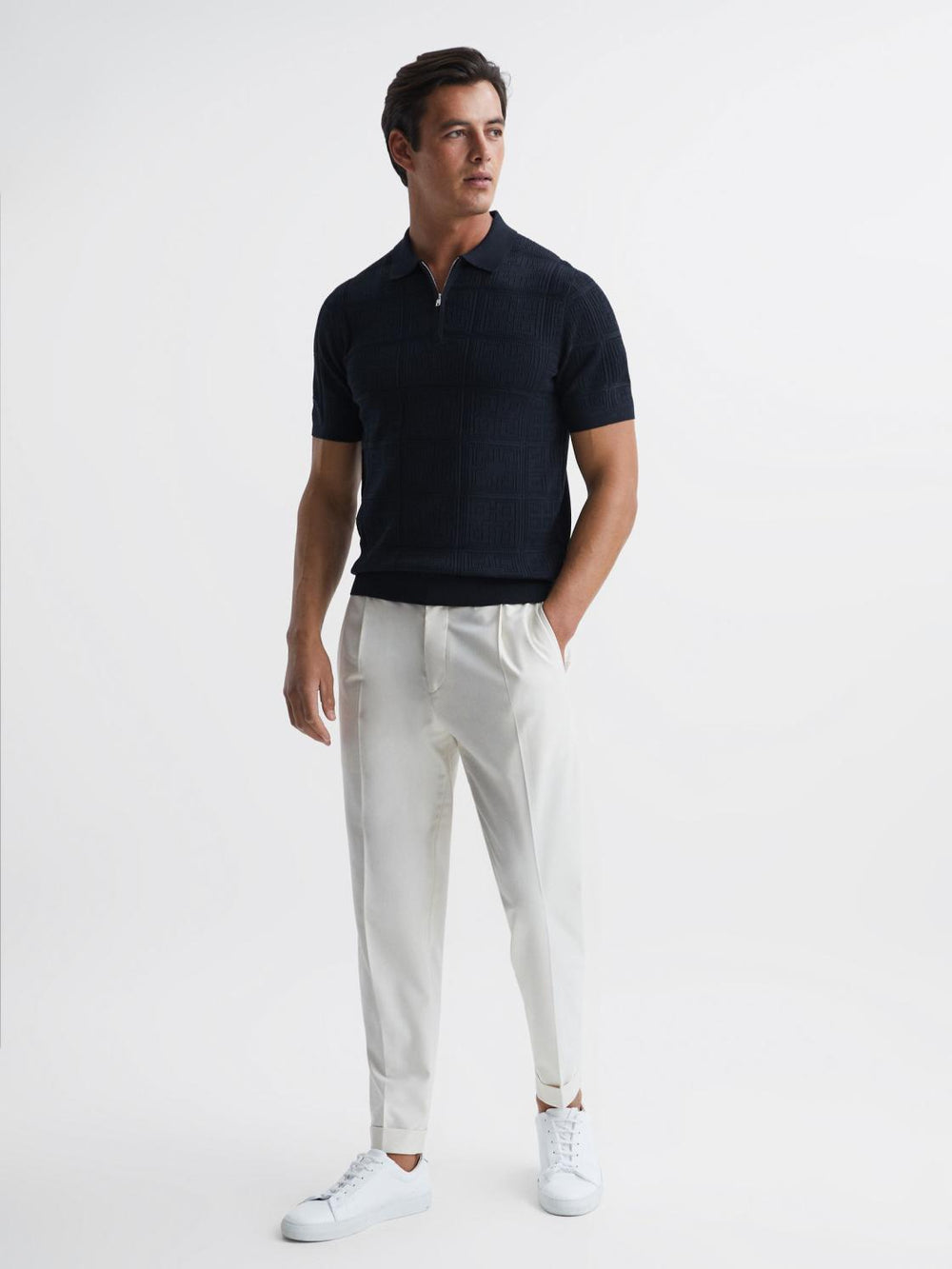 Reiss Knitwear | Mosaic Half Zip Textured Polo Shirt Airforce Blue - Men