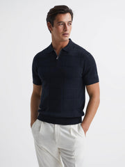 Reiss Knitwear | Mosaic Half Zip Textured Polo Shirt Airforce Blue - Men